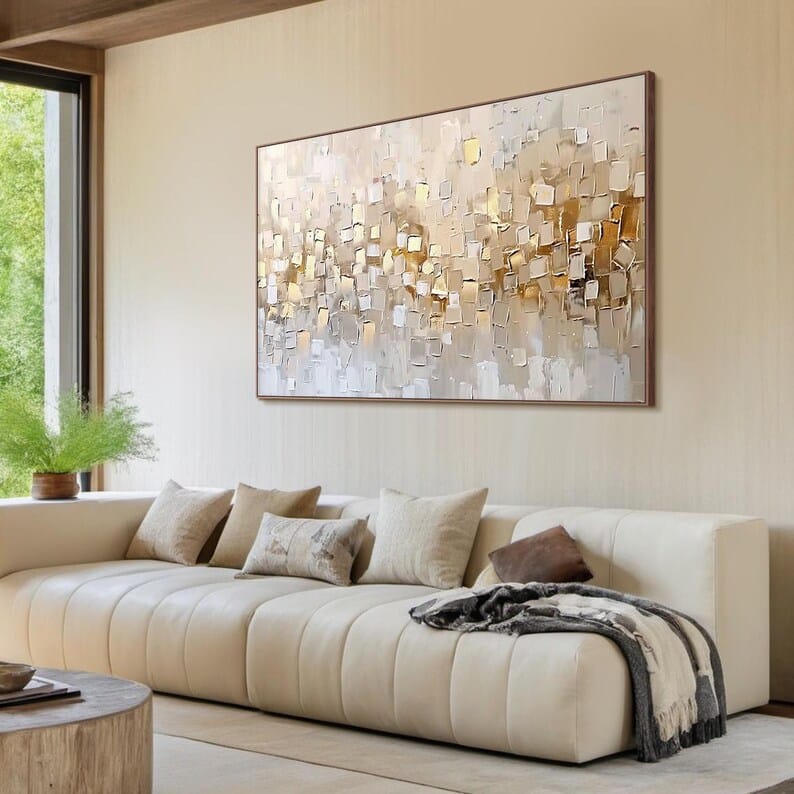 Gold and Beige Textured Abstract Painting – Geometric Wall Art#yy260618-a-08