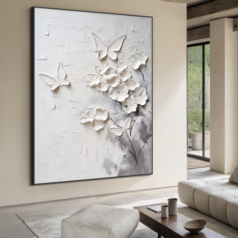 White Textured Floral and Butterfly Wall Art#yy260618-a-09