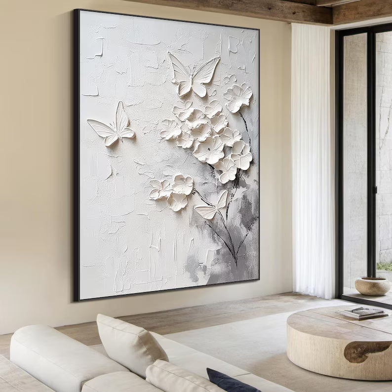 White Textured Floral and Butterfly Wall Art#yy260618-a-09