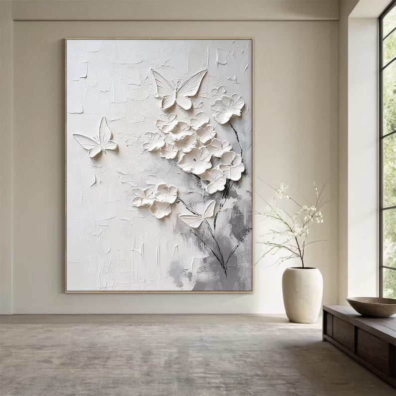 White Textured Floral and Butterfly Wall Art#yy260618-a-09