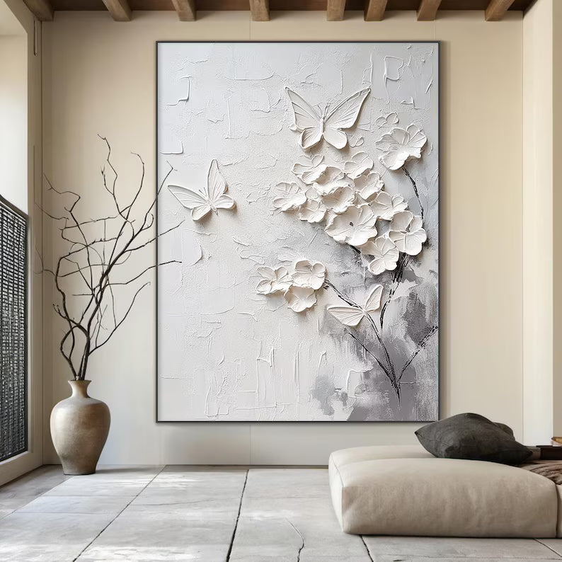 White Textured Floral and Butterfly Wall Art#yy260618-a-09