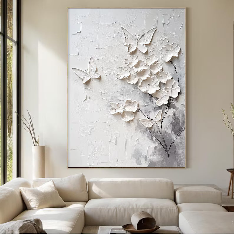 White Textured Floral and Butterfly Wall Art#yy260618-a-09