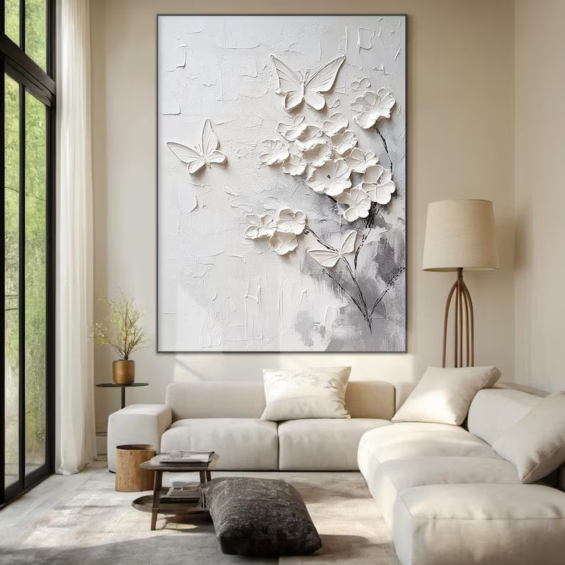 White Textured Floral and Butterfly Wall Art#yy260618-a-09