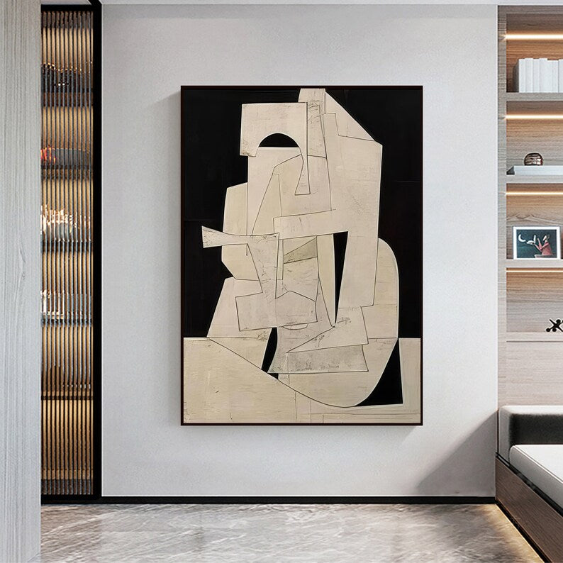 Abstract Cubist Wall Art – Beige Minimal Geometric Relief Painting#yy260623008