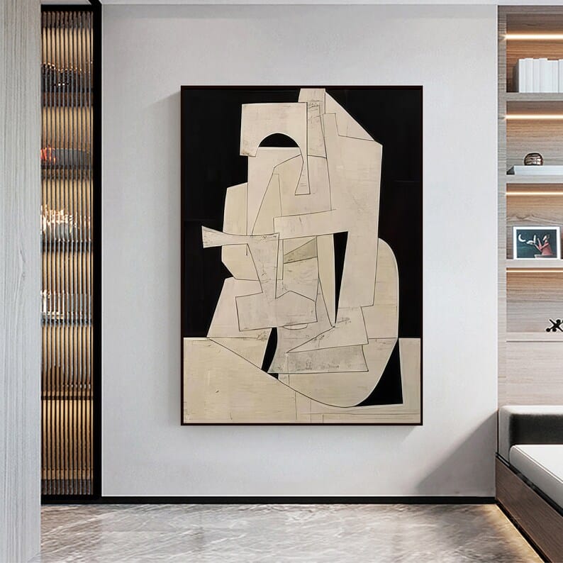 Abstract Cubist Wall Art – Beige Minimal Geometric Relief Painting#yy260623008