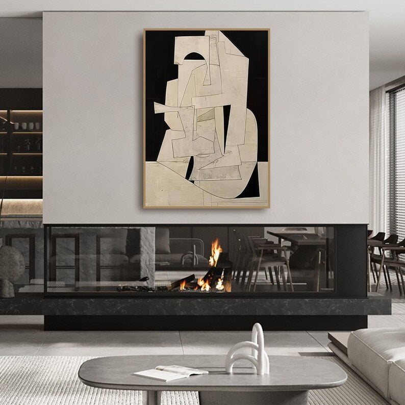 Abstract Cubist Wall Art – Beige Minimal Geometric Relief Painting#yy260623008