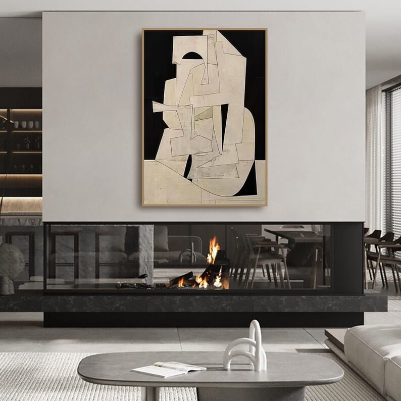 Abstract Cubist Wall Art – Beige Minimal Geometric Relief Painting#yy260623008