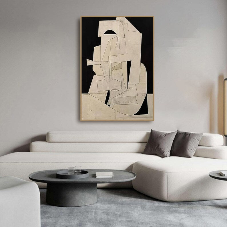 Abstract Cubist Wall Art – Beige Minimal Geometric Relief Painting#yy260623008