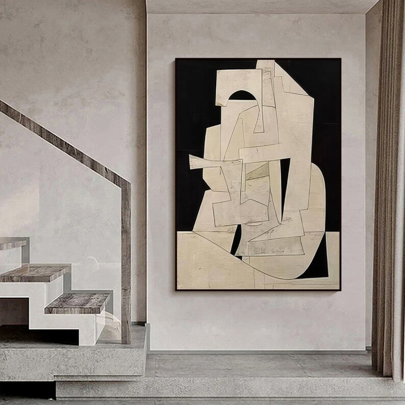 Abstract Cubist Wall Art – Beige Minimal Geometric Relief Painting#yy260623008