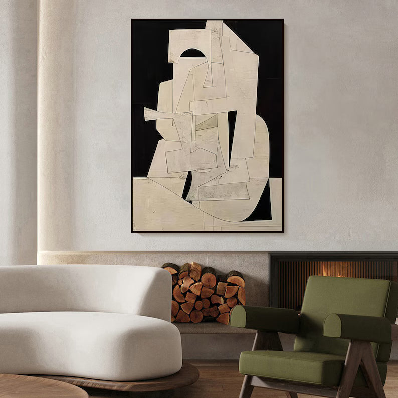 Abstract Cubist Wall Art – Beige Minimal Geometric Relief Painting#yy260623008
