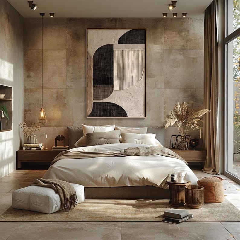 Abstract Geometric Wall Art – Black & Beige Minimal Textured Painting#yy260623010-2