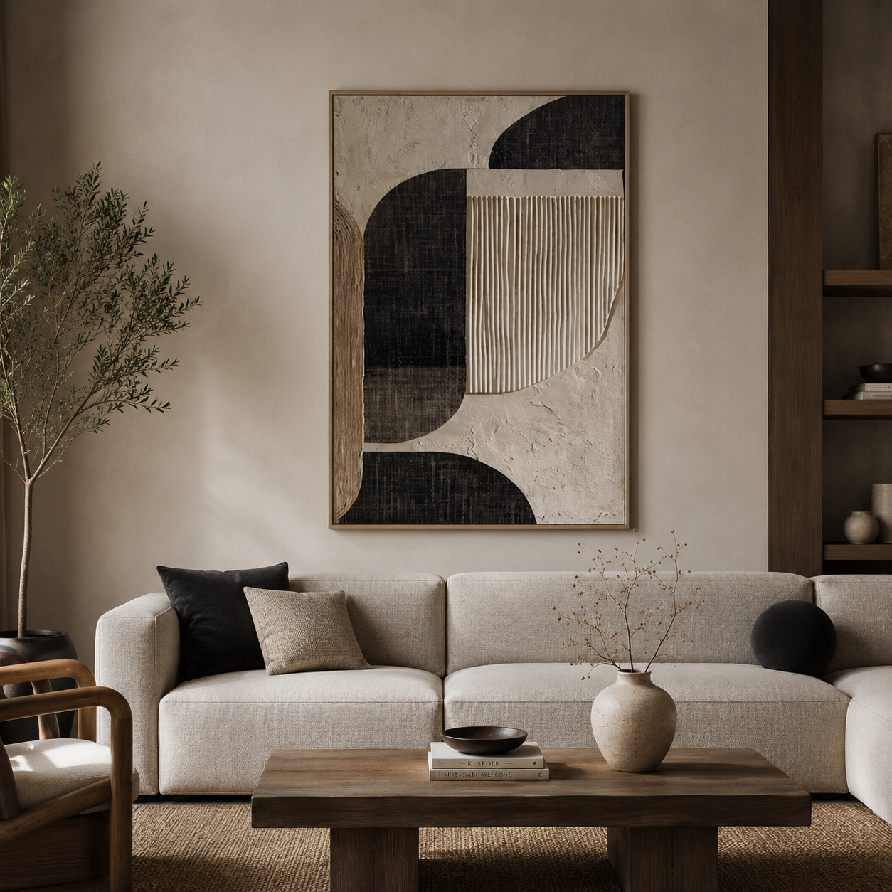 Abstract Geometric Wall Art – Black & Beige Minimal Textured Painting#yy260623010-2