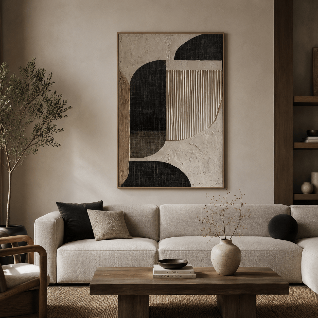 Abstract Geometric Wall Art – Black & Beige Minimal Textured Painting#yy260623010-2