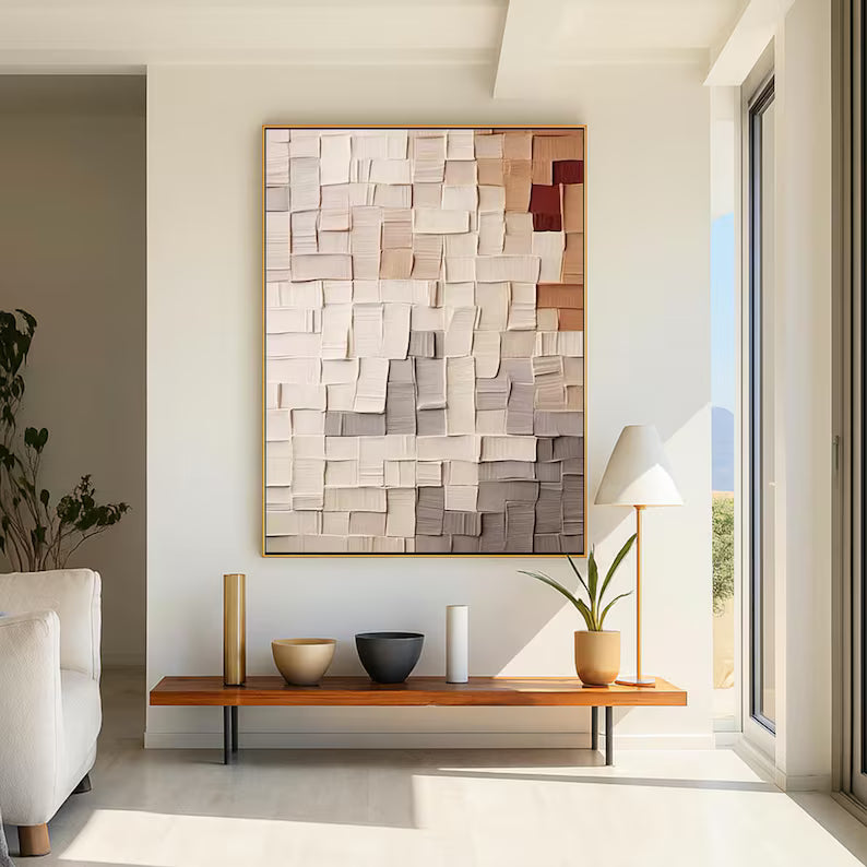 Abstract Textured Wall Art – Beige Geometric Relief Painting#yy260623012