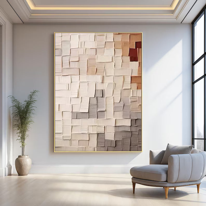 Abstract Textured Wall Art – Beige Geometric Relief Painting#yy260623012