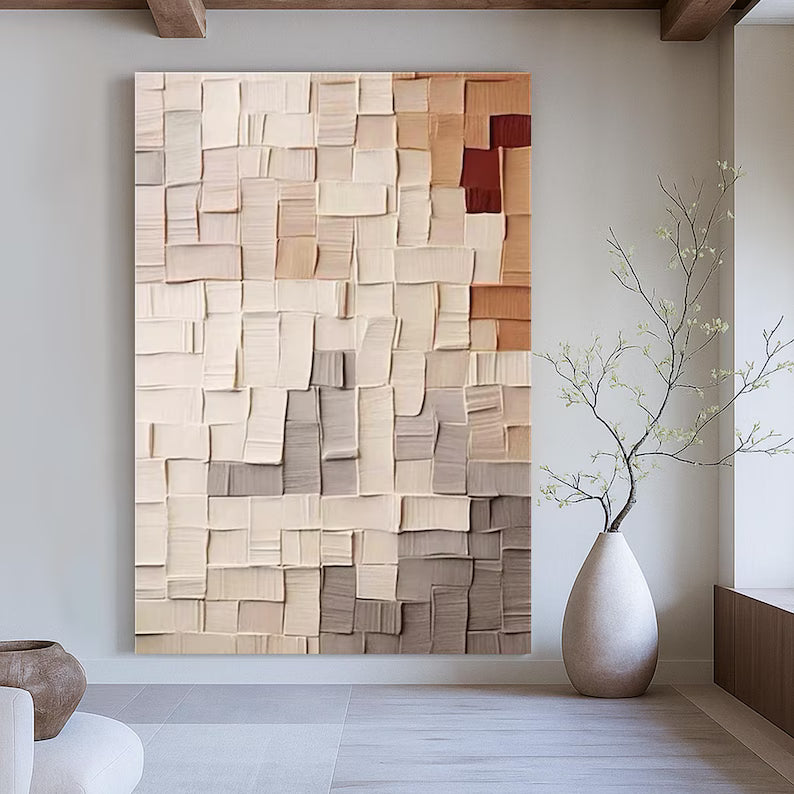 Abstract Textured Wall Art – Beige Geometric Relief Painting#yy260623012