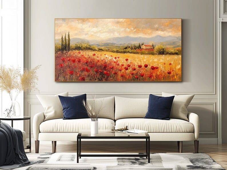 texture Poppy Field Wall Art – Tuscan Countryside Landscape Painting#yy260623019