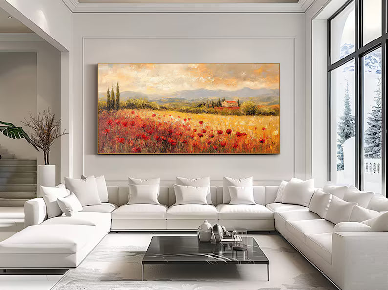 Poppy Field Wall Art – Tuscan Countryside Landscape Painting#yy260623019