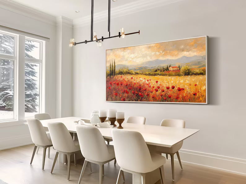 Poppy Field Wall Art – Tuscan Countryside Landscape Painting#yy260623019