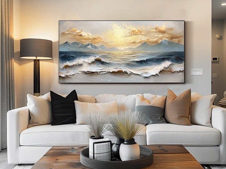Luxury Ocean Mountain Wall Art – Gold Cloud Seascape Painting#yy260623022