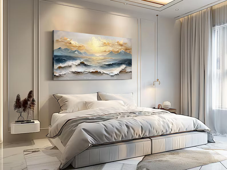 Luxury Ocean Mountain Wall Art – Gold Cloud Seascape Painting#yy260623022