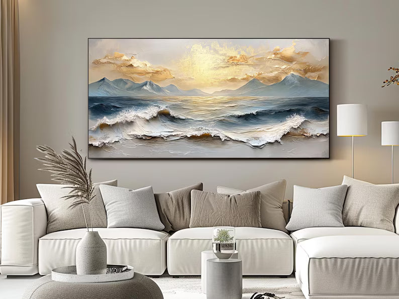 Luxury Ocean Mountain Wall Art – Gold Cloud Seascape Painting#yy260623022
