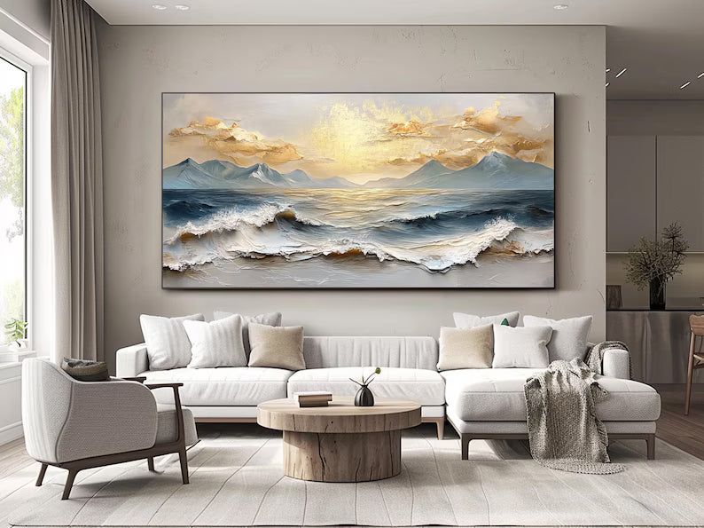 Luxury Ocean Mountain Wall Art – Gold Cloud Seascape Painting#yy260623022
