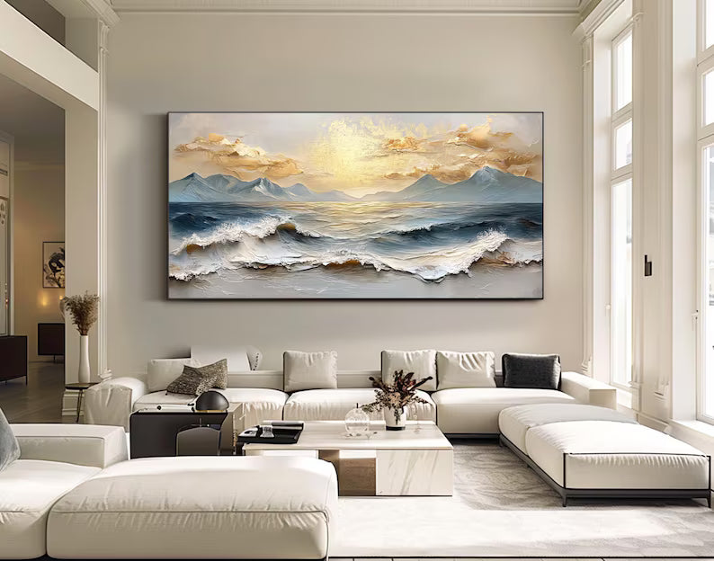 Luxury Ocean Mountain Wall Art – Gold Cloud Seascape Painting#yy260623022