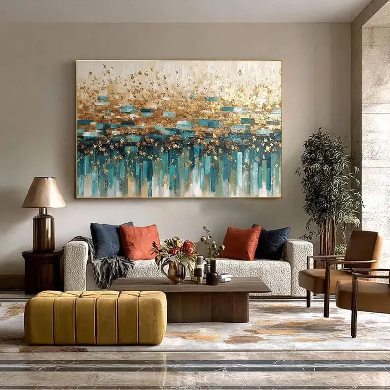 Gold & Teal Abstract Wall Art – Luxury Textured Metallic Painting#yy260623028