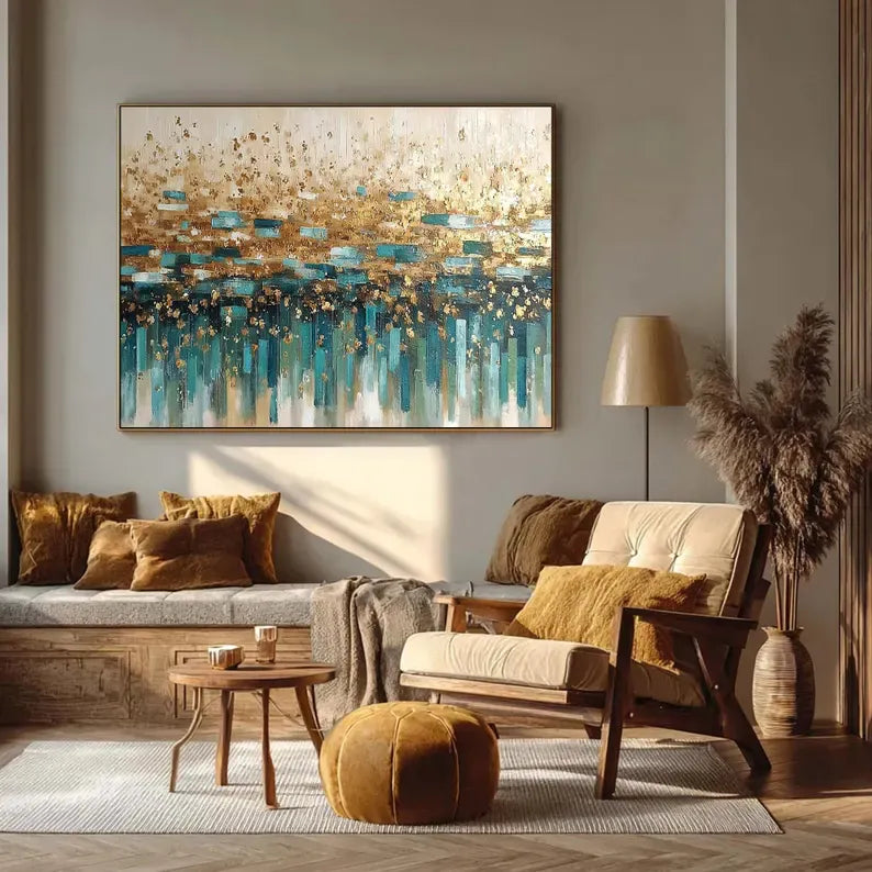 Gold & Teal Abstract Wall Art – Luxury Textured Metallic Painting#yy260623028