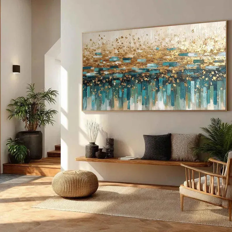 Gold & Teal Abstract Wall Art – Luxury Textured Metallic Painting#yy260623028