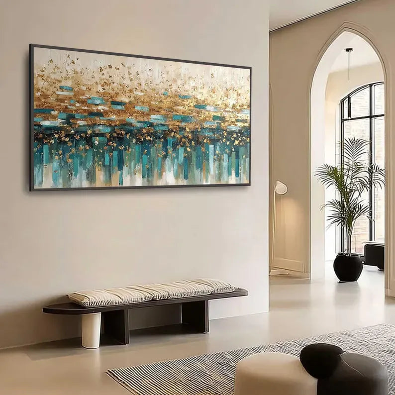 Gold & Teal Abstract Wall Art – Luxury Textured Metallic Painting#yy260623028