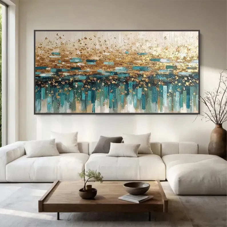 Gold & Teal Abstract Wall Art – Luxury Textured Metallic Painting#yy260623028
