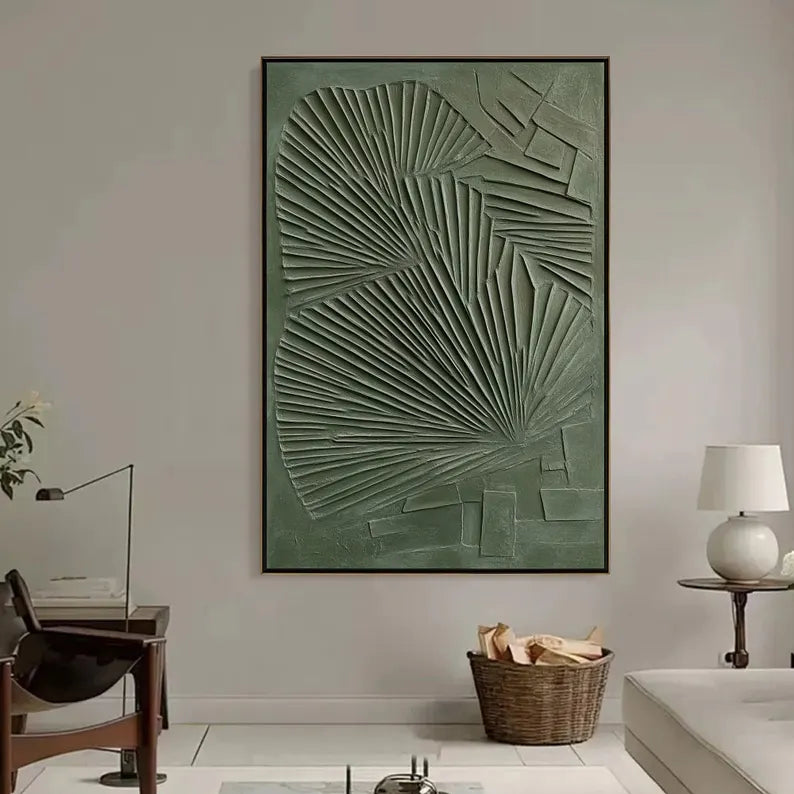 Abstract Green Wall Art – Sculptural Palm Leaf Relief Painting#yy260623032
