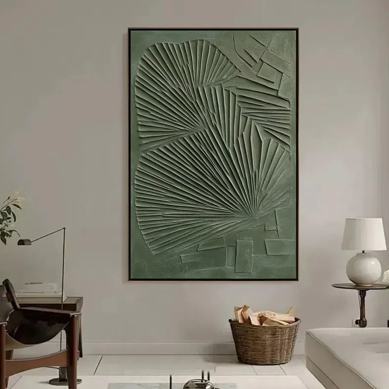 Abstract Green Wall Art – Sculptural Palm Leaf Relief Painting#yy260623032