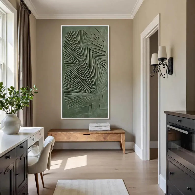 Abstract Green Wall Art – Sculptural Palm Leaf Relief Painting#yy260623032