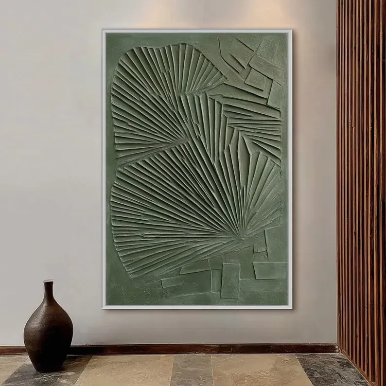 Abstract Green Wall Art – Sculptural Palm Leaf Relief Painting#yy260623032
