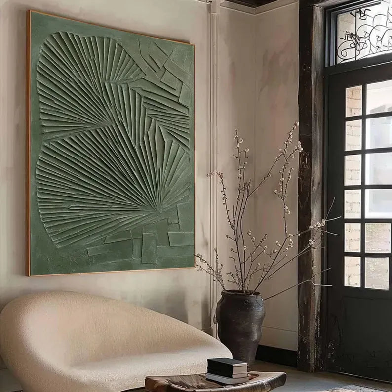 Abstract Green Wall Art – Sculptural Palm Leaf Relief Painting#yy260623032