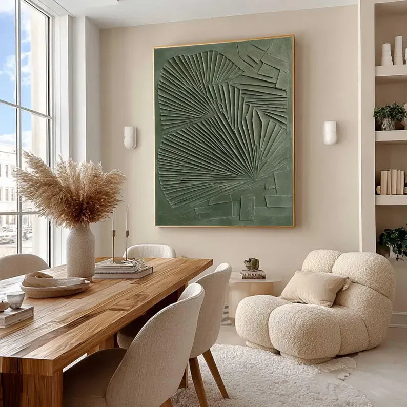 Abstract Green Wall Art – Sculptural Palm Leaf Relief Painting#yy260623032