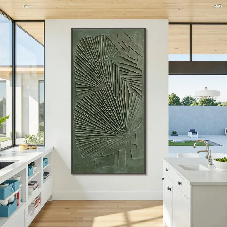 Abstract Green Wall Art – Sculptural Palm Leaf Relief Painting#yy260623032