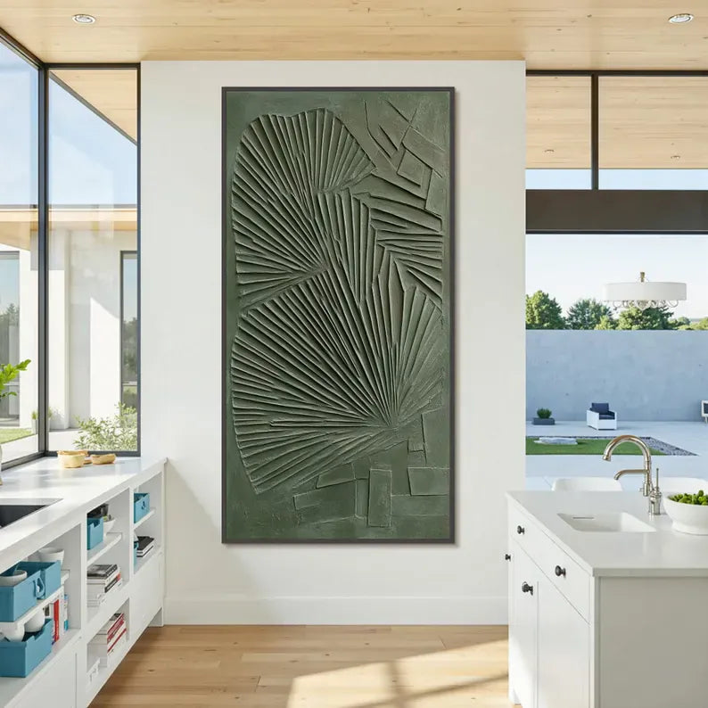 Abstract Green Wall Art – Sculptural Palm Leaf Relief Painting#yy260623032