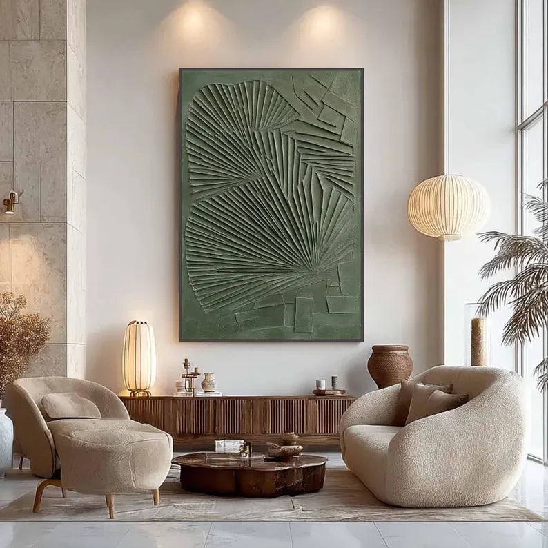 Abstract Green Wall Art – Sculptural Palm Leaf Relief Painting#yy260623032