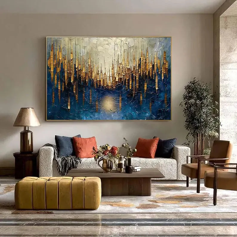 texture Abstract Cityscape Wall Art – Golden Skyline Reflection Painting#yy260623033