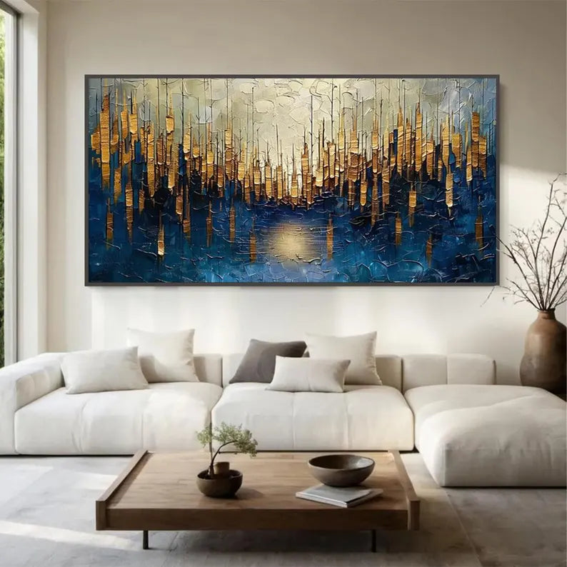 Abstract Cityscape Wall Art – Golden Skyline Reflection Painting#yy260623033