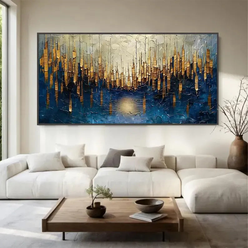 Abstract Cityscape Wall Art – Golden Skyline Reflection Painting#yy260623033