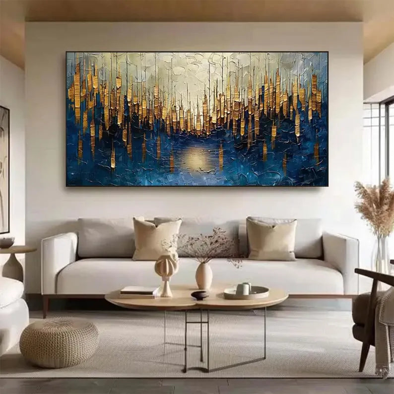 Abstract Cityscape Wall Art – Golden Skyline Reflection Painting#yy260623033