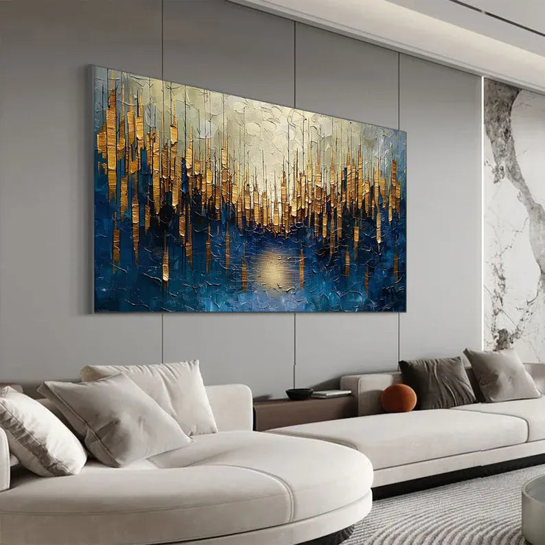 Abstract Cityscape Wall Art – Golden Skyline Reflection Painting#yy260623033