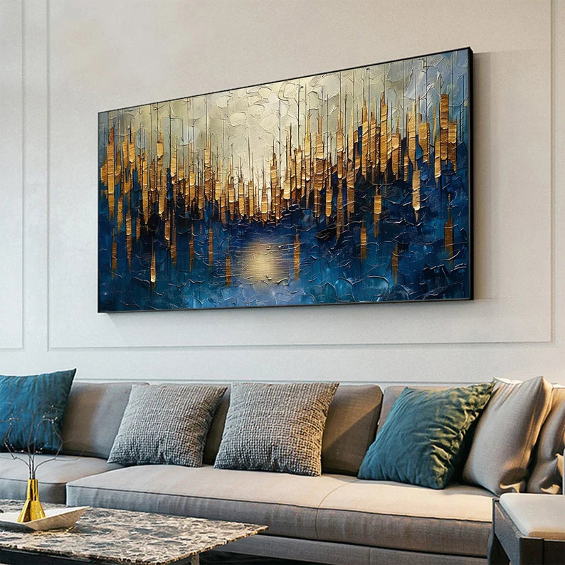Abstract Cityscape Wall Art – Golden Skyline Reflection Painting#yy260623033