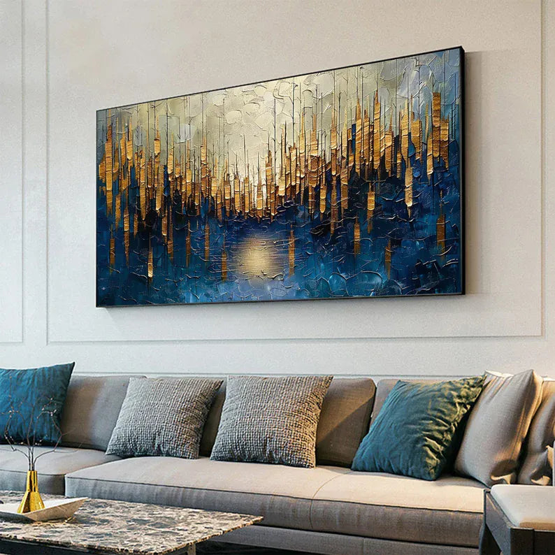 Abstract Cityscape Wall Art – Golden Skyline Reflection Painting#yy260623033