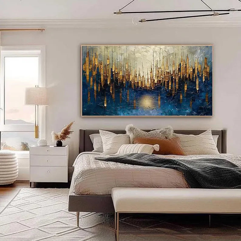 Abstract Cityscape Wall Art – Golden Skyline Reflection Painting#yy260623033